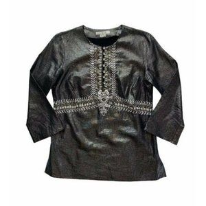 ICE Blouse Womens Size 4 Blue Embellished Flowers Boho Style Tunic Shirt Top
